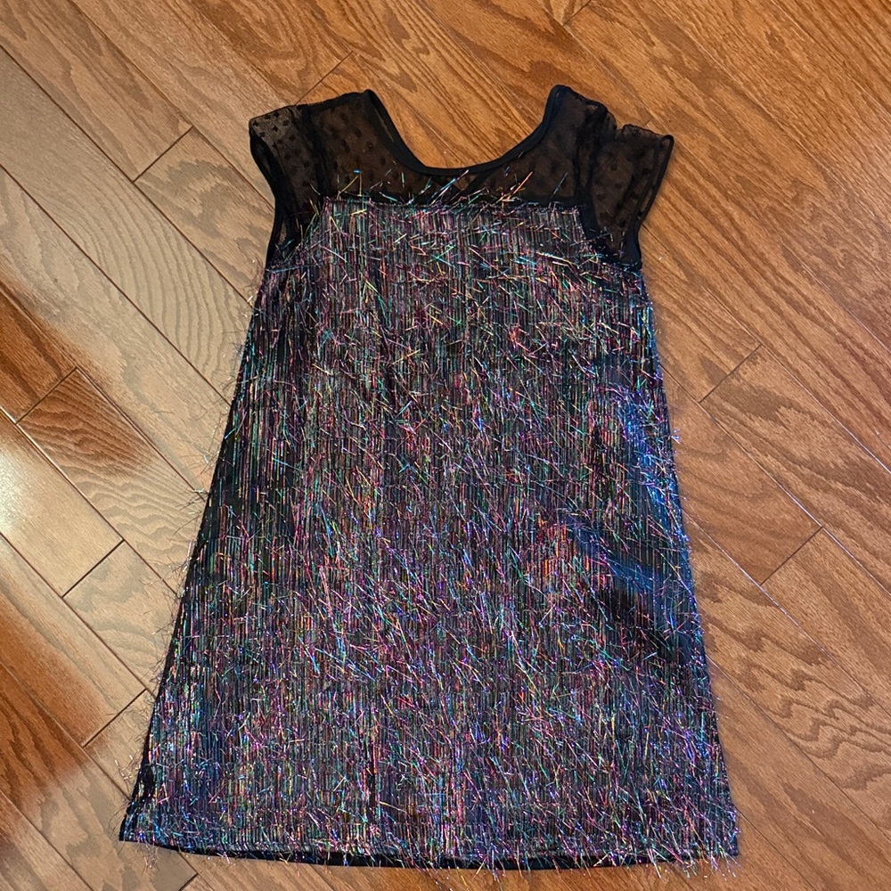 kidpik Black Party Dress with Multicolor Metallic Fringe